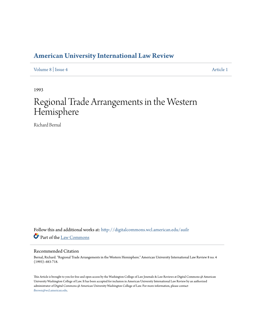 Regional Trade Arrangements in the Western Hemisphere Richard Bernal
