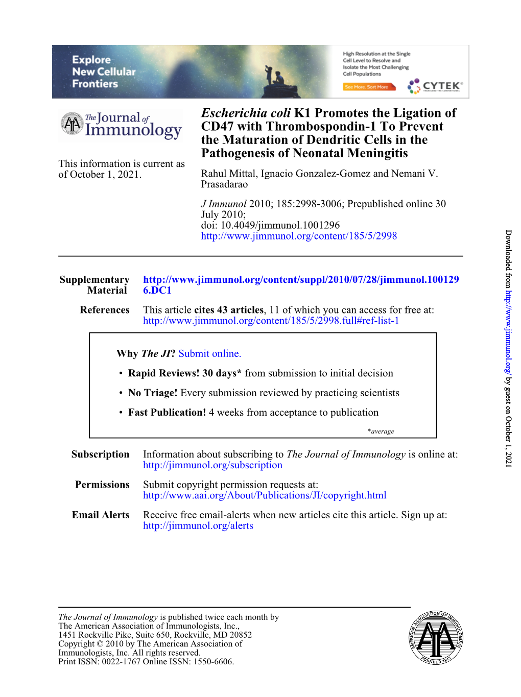 Pathogenesis of Neonatal Meningitis the Maturation of Dendritic Cells In