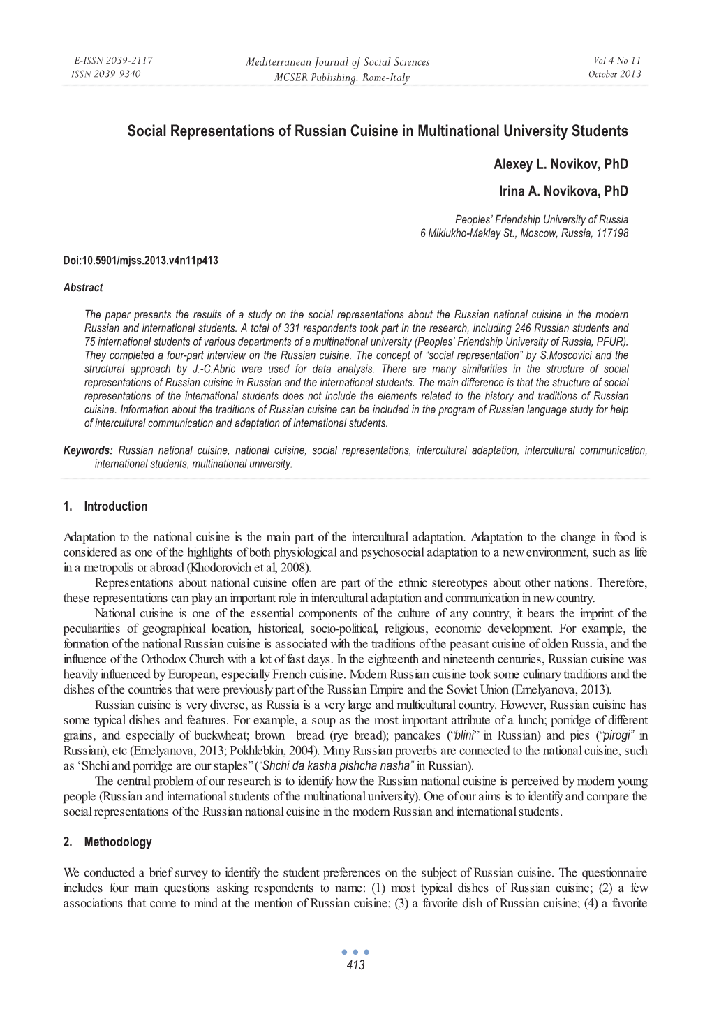 Social Representations of Russian Cuisine in Multinational University Students