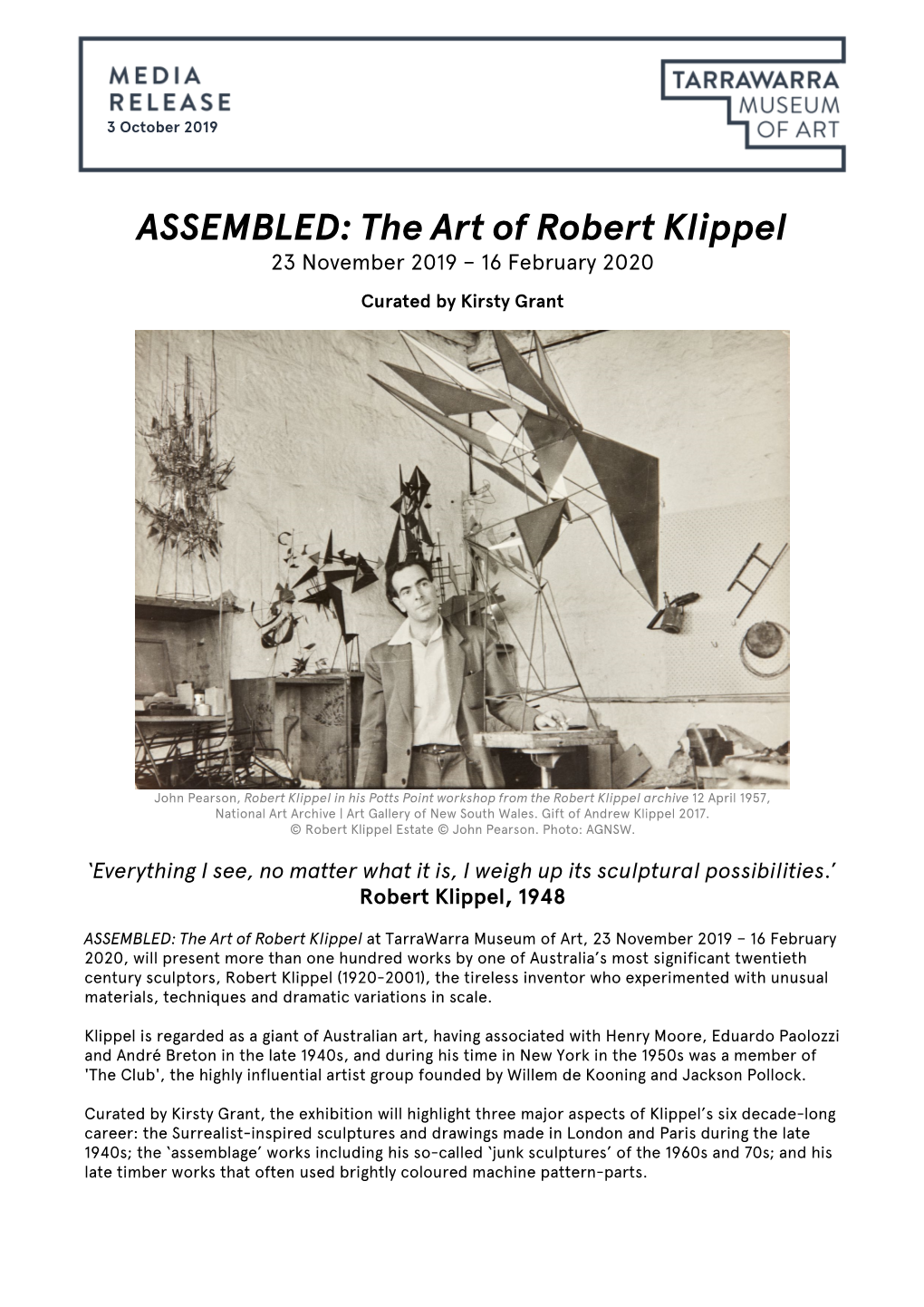 The Art of Robert Klippel 23 November 2019 – 16 February 2020