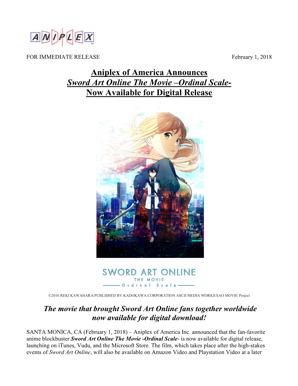 Aniplex of America Announces Sword Art Online the Movie –Ordinal Scale- Now Available for Digital Release