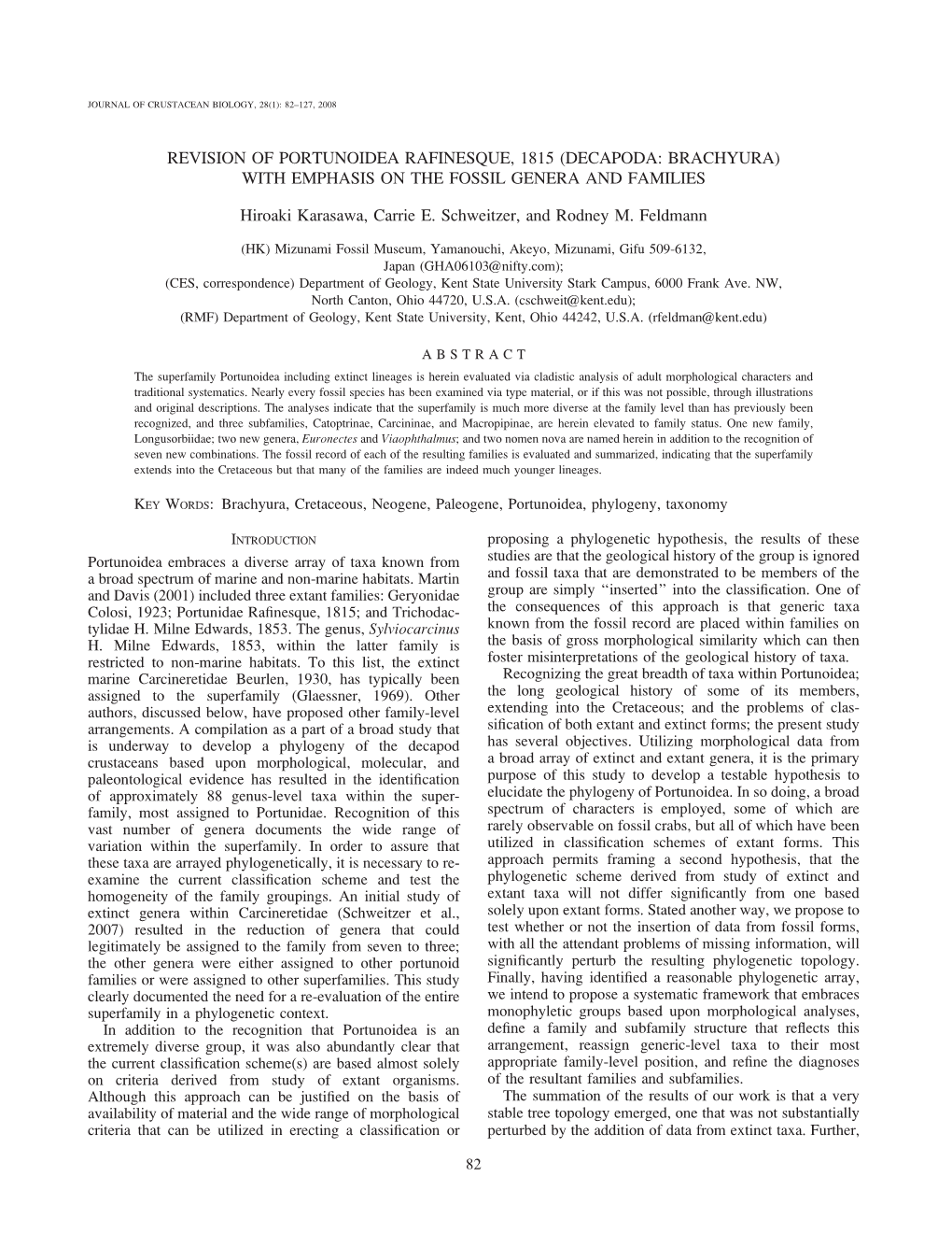 Revision of Portunoidea Rafinesque, 1815 (Decapoda: Brachyura) with Emphasis on the Fossil Genera and Families