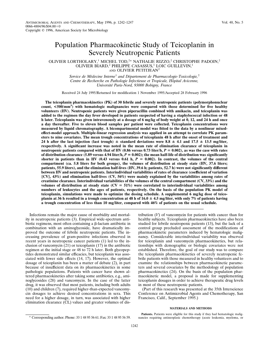 Population Pharmacokinetic Study of Teicoplanin in Severely