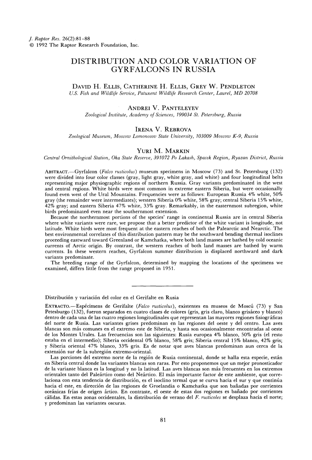 Distribution and Color Variation of Gyrfalcons in Russia