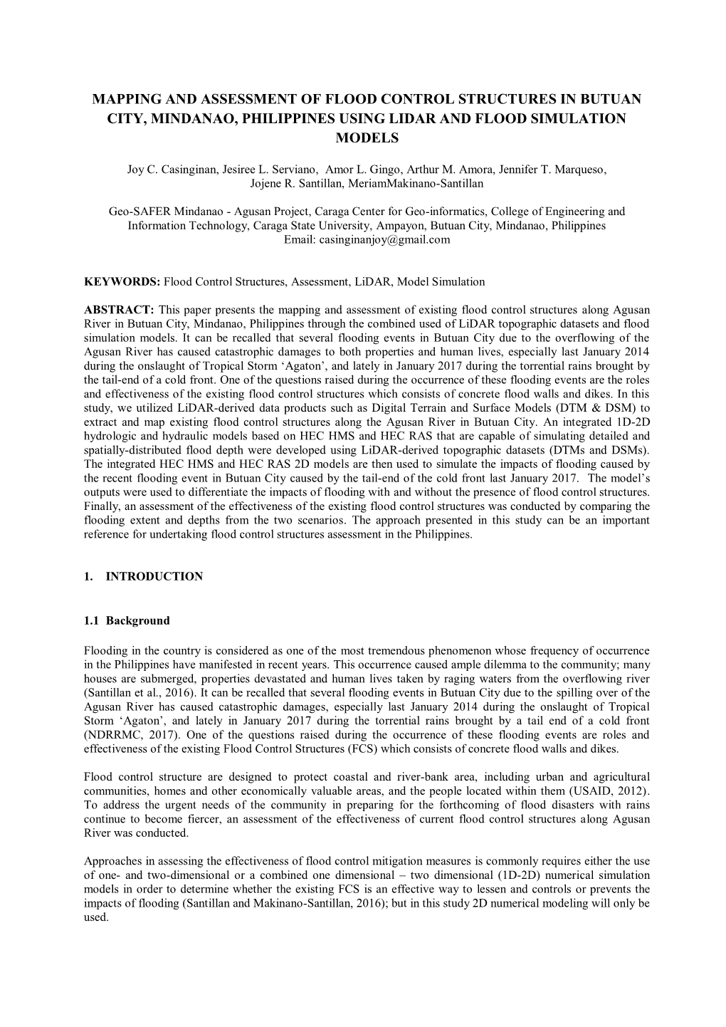 Mapping and Assessment of Flood Control Structures in Butuan City, Mindanao, Philippines Using Lidar and Flood Simulation Models