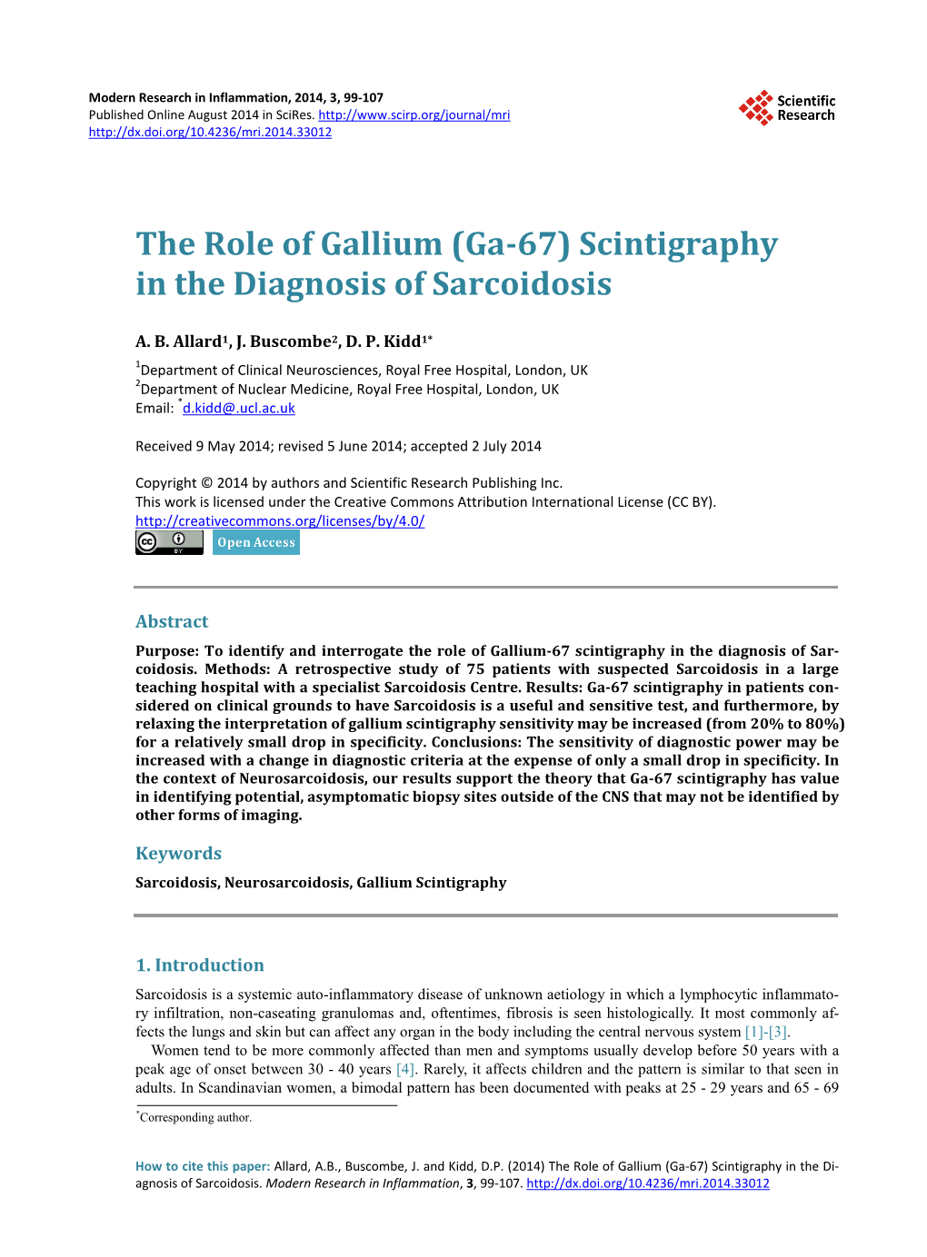 Scintigraphy in the Diagnosis of Sarcoidosis