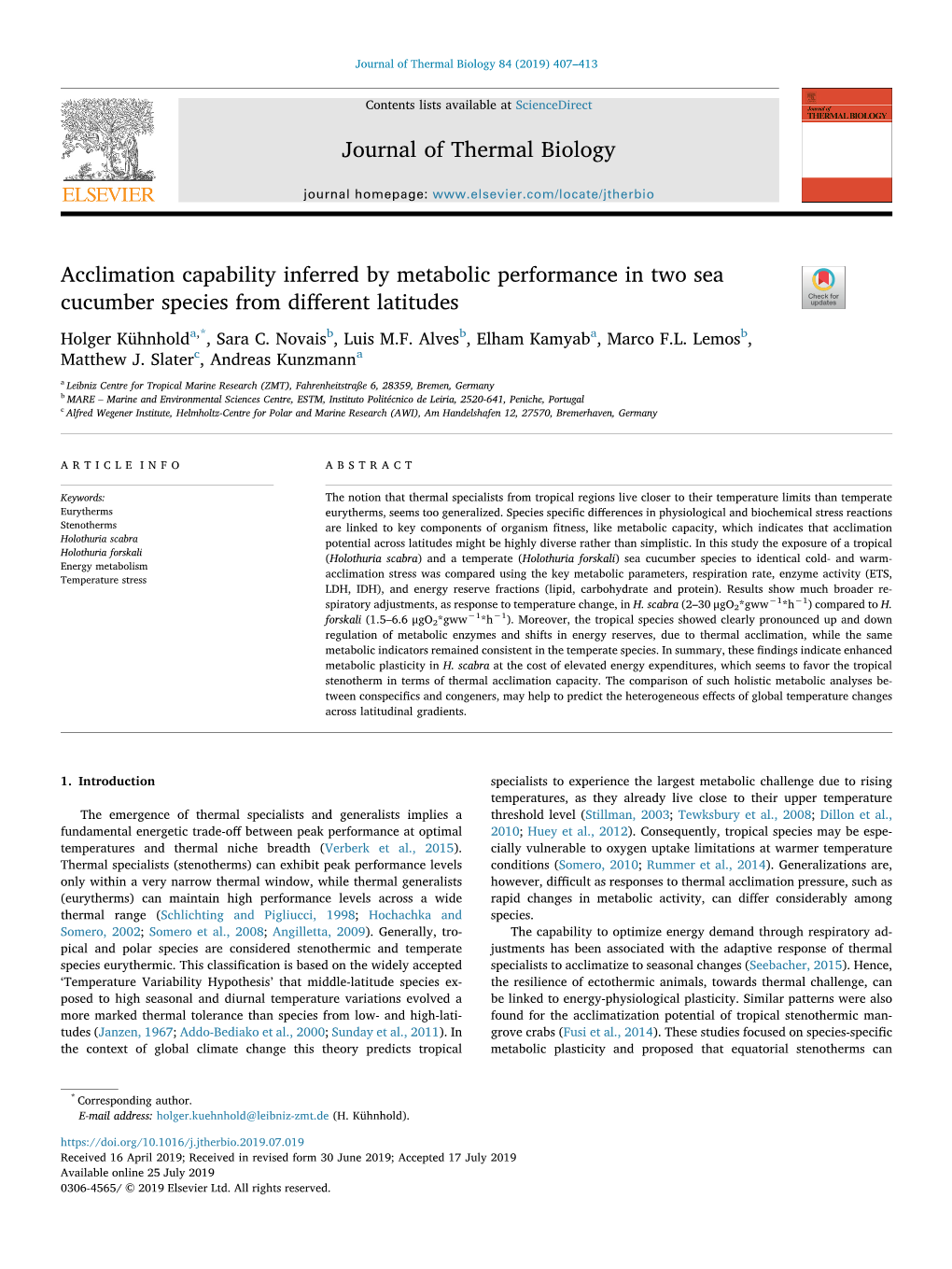 Acclimation Capability Inferred by Metabolic Performance in Two Sea Cucumber Species from Diﬀerent Latitudes T