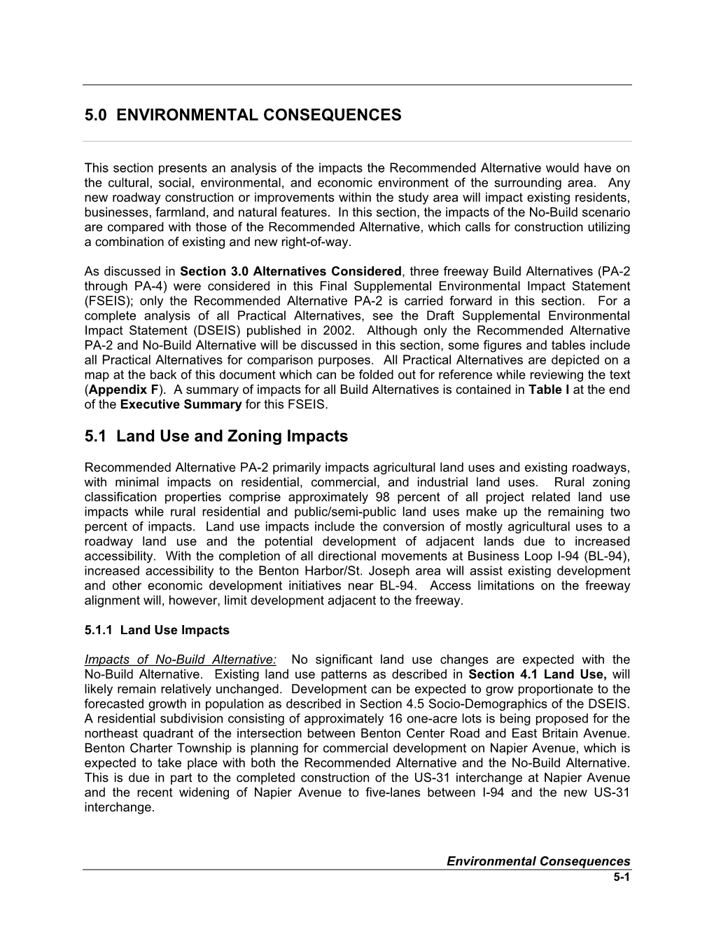 Section 5.0 Environmental Consequences