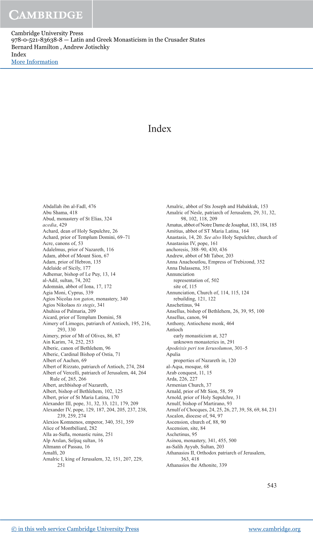 Cambridge University Press 978-0-521-83638-8 — Latin and Greek Monasticism in the Crusader States Bernard Hamilton , Andrew Jotischky Index More Information