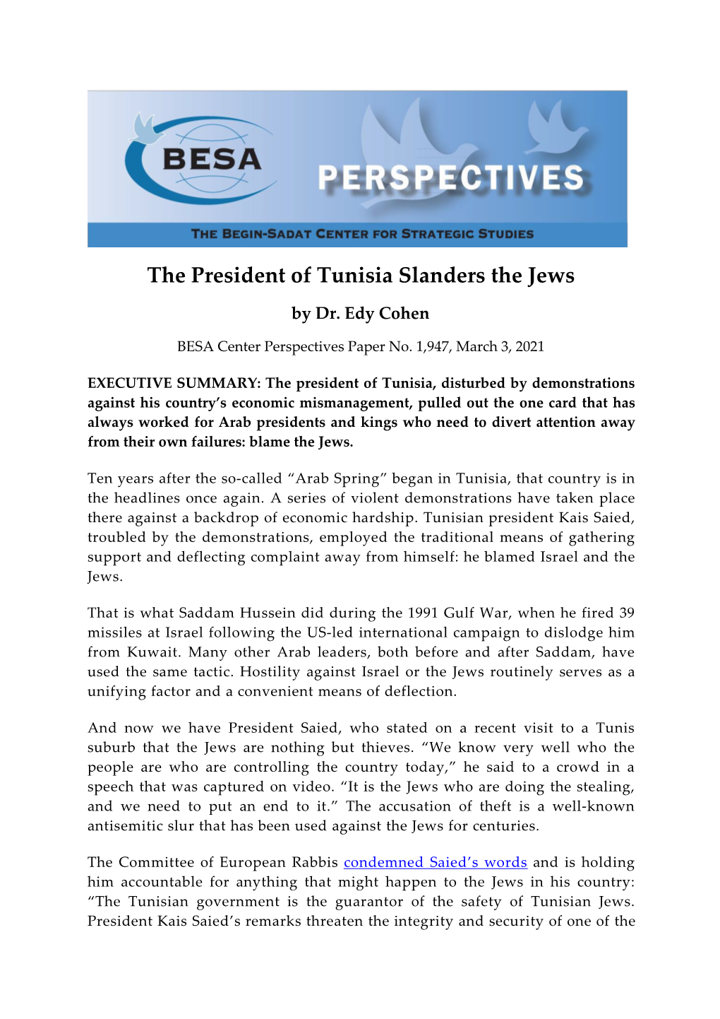 The President of Tunisia Slanders the Jews