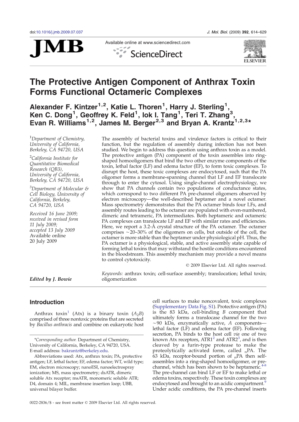 The Protective Antigen Component of Anthrax Toxin Forms Functional Octameric Complexes