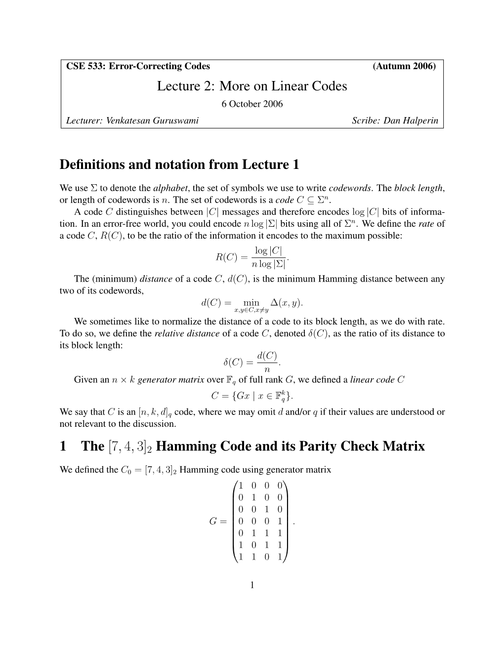 [7,4,3] 2 Hamming Code and Its Parity Check Matrix