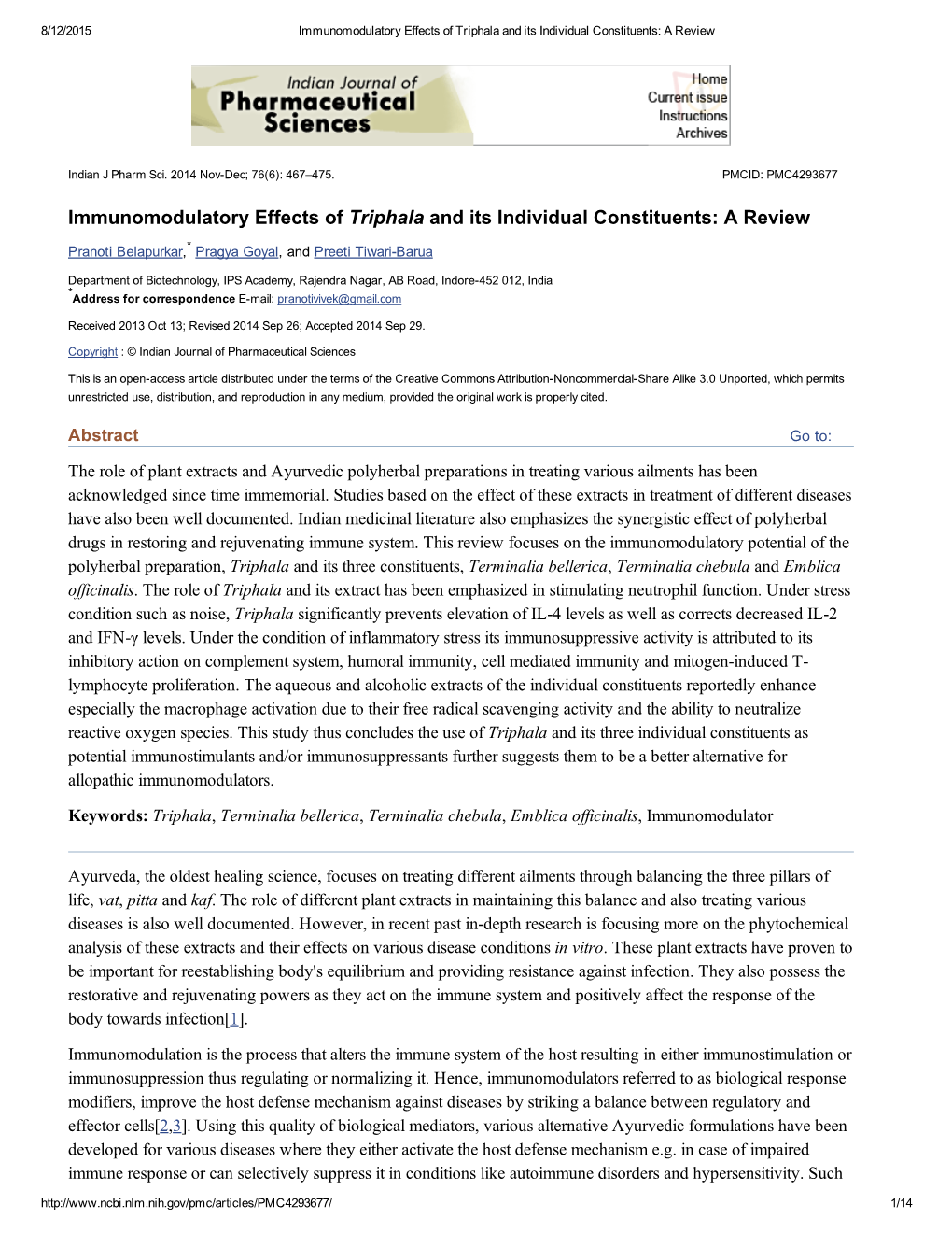 Immunomodulatory Effects of Triphala and Its Individual Constituents: a Review