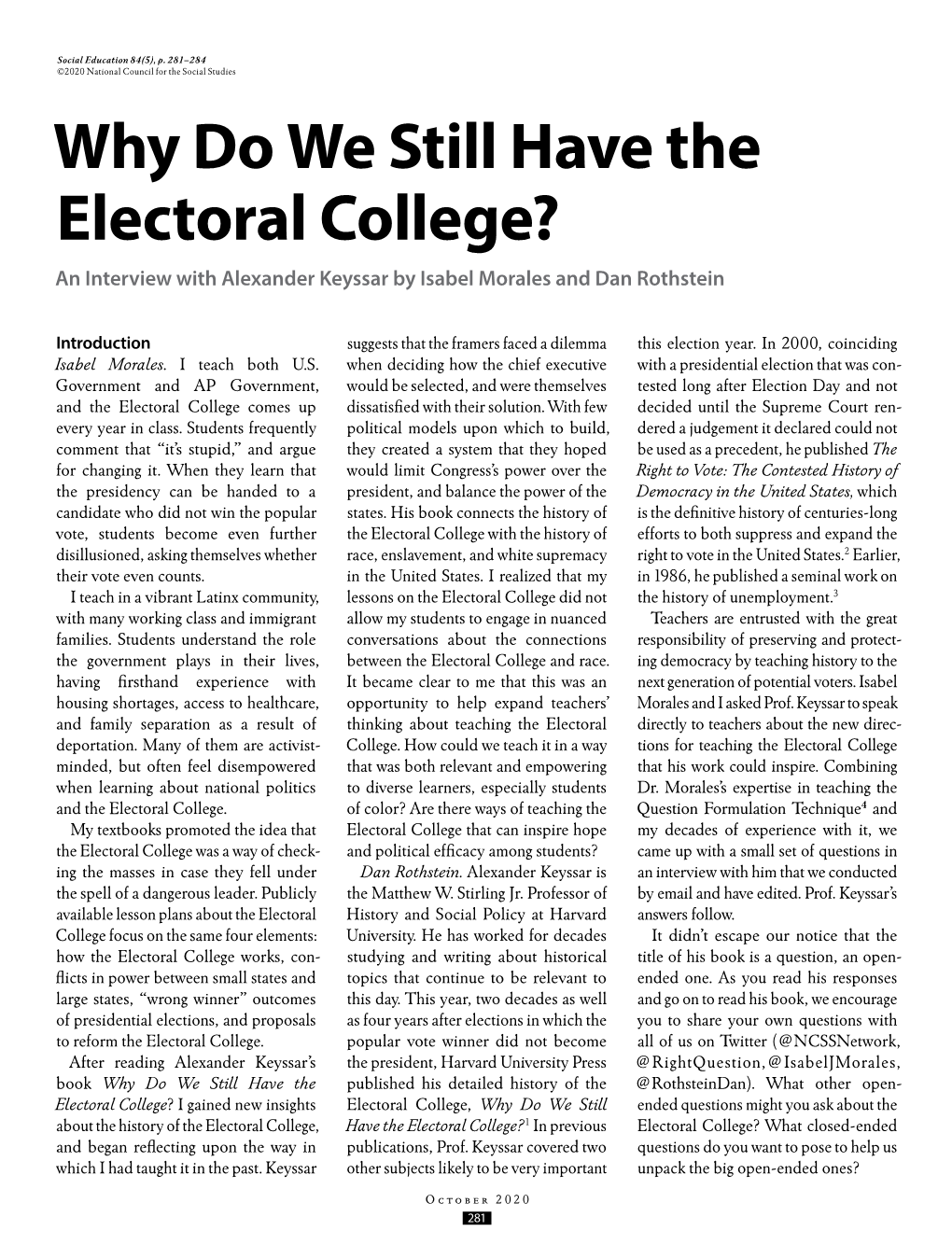 Why Do We Still Have the Electoral College? an Interview with Alexander Keyssar by Isabel Morales and Dan Rothstein