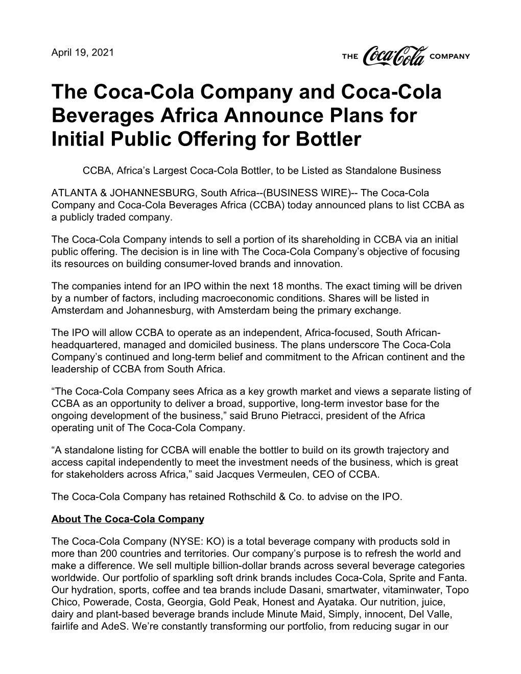 The Coca-Cola Company and Coca-Cola Beverages Africa Announce Plans for Initial Public Offering for Bottler