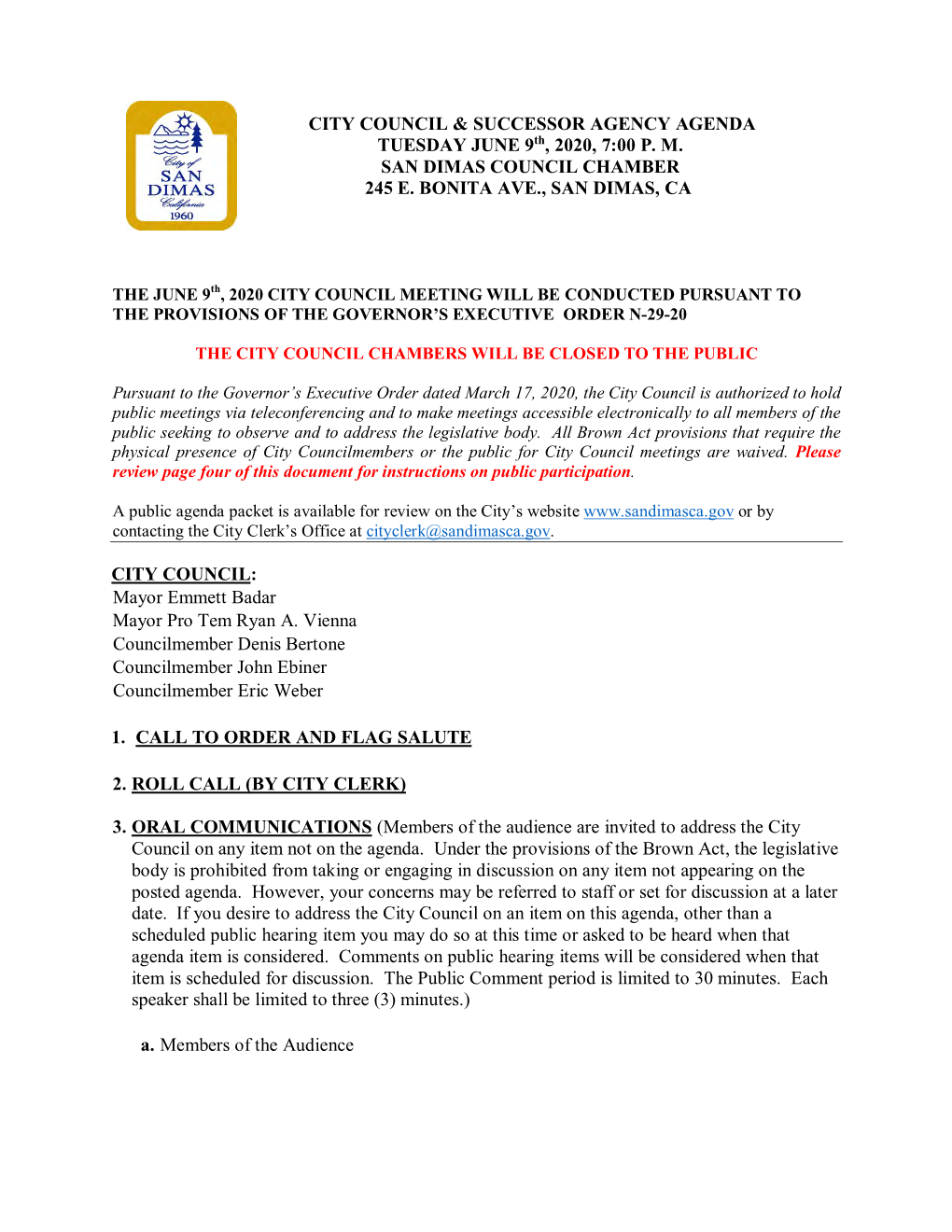 June 9, 2020 Regular City Council Agenda and Staff Reports