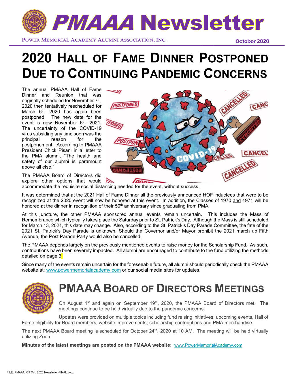 2020 Hall of Fame Dinner Postponed Due to Continuing Pandemic Concerns