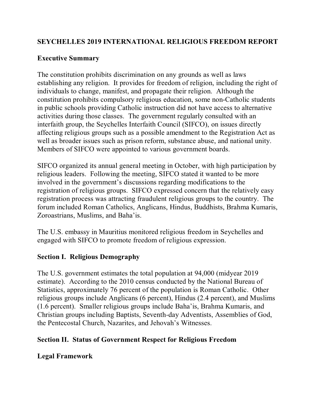 Seychelles 2019 International Religious Freedom Report