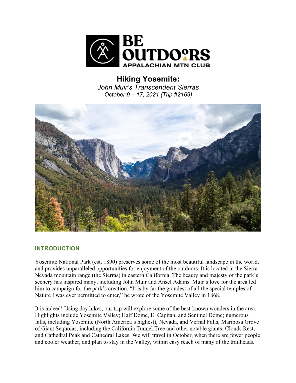 Hiking Yosemite: John Muir’S Transcendent Sierras October 9 – 17, 2021 (Trip #2169)