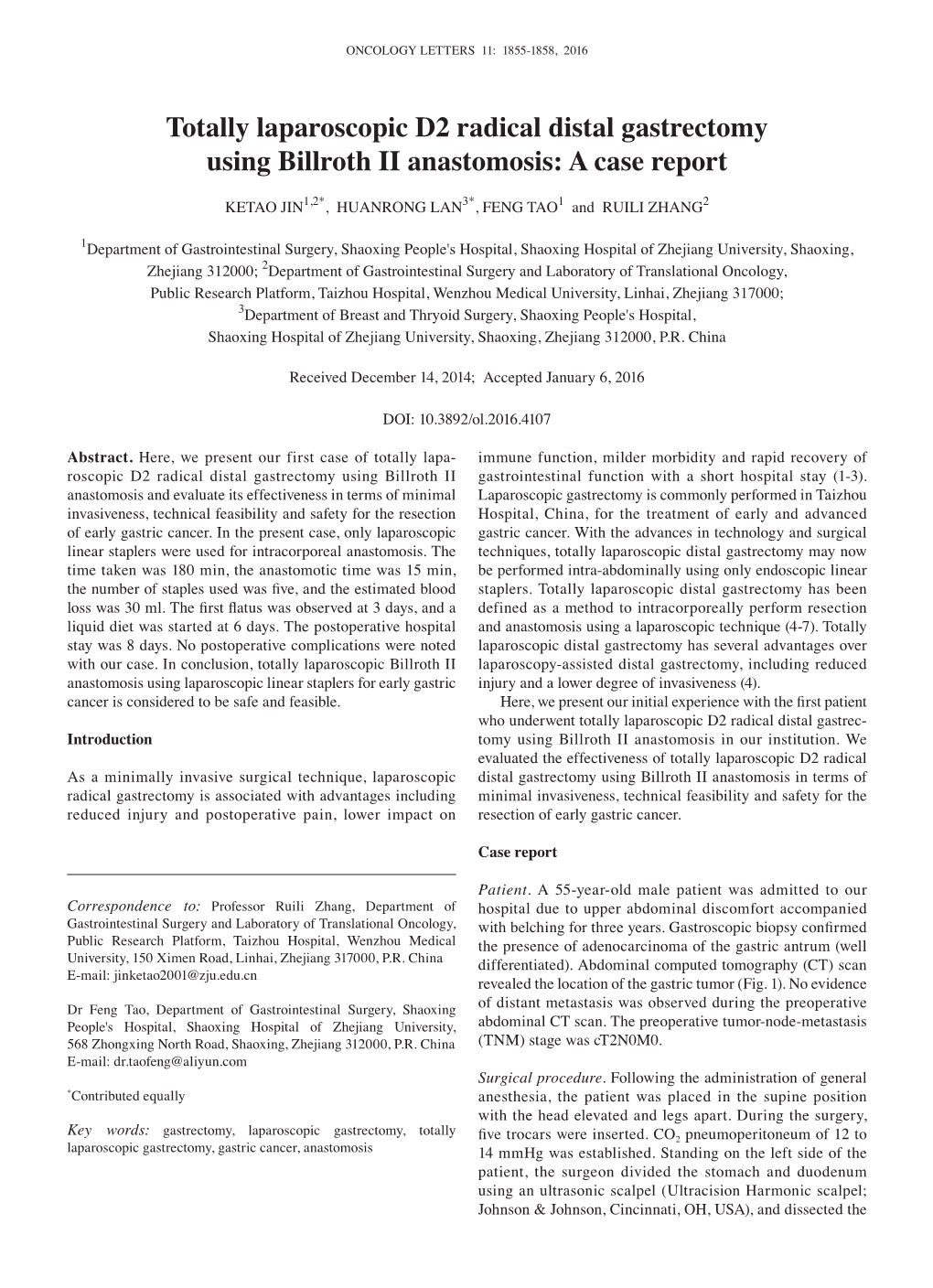 Totally Laparoscopic D2 Radical Distal Gastrectomy Using Billroth II Anastomosis: a Case Report