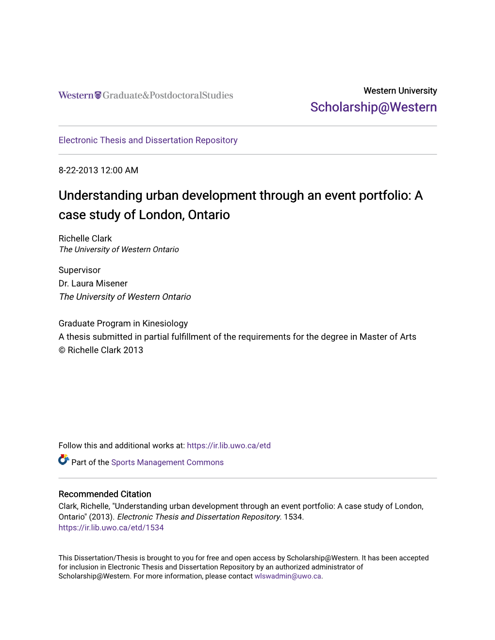 Understanding Urban Development Through an Event Portfolio: a Case Study of London, Ontario