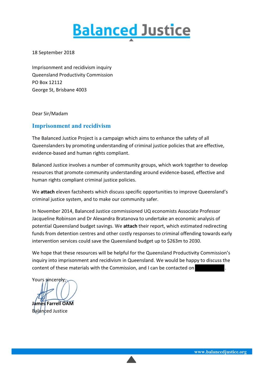 Imprisonment and Recidivism Inquiry Queensland Productivity Commission PO Box 12112 George St, Brisbane 4003