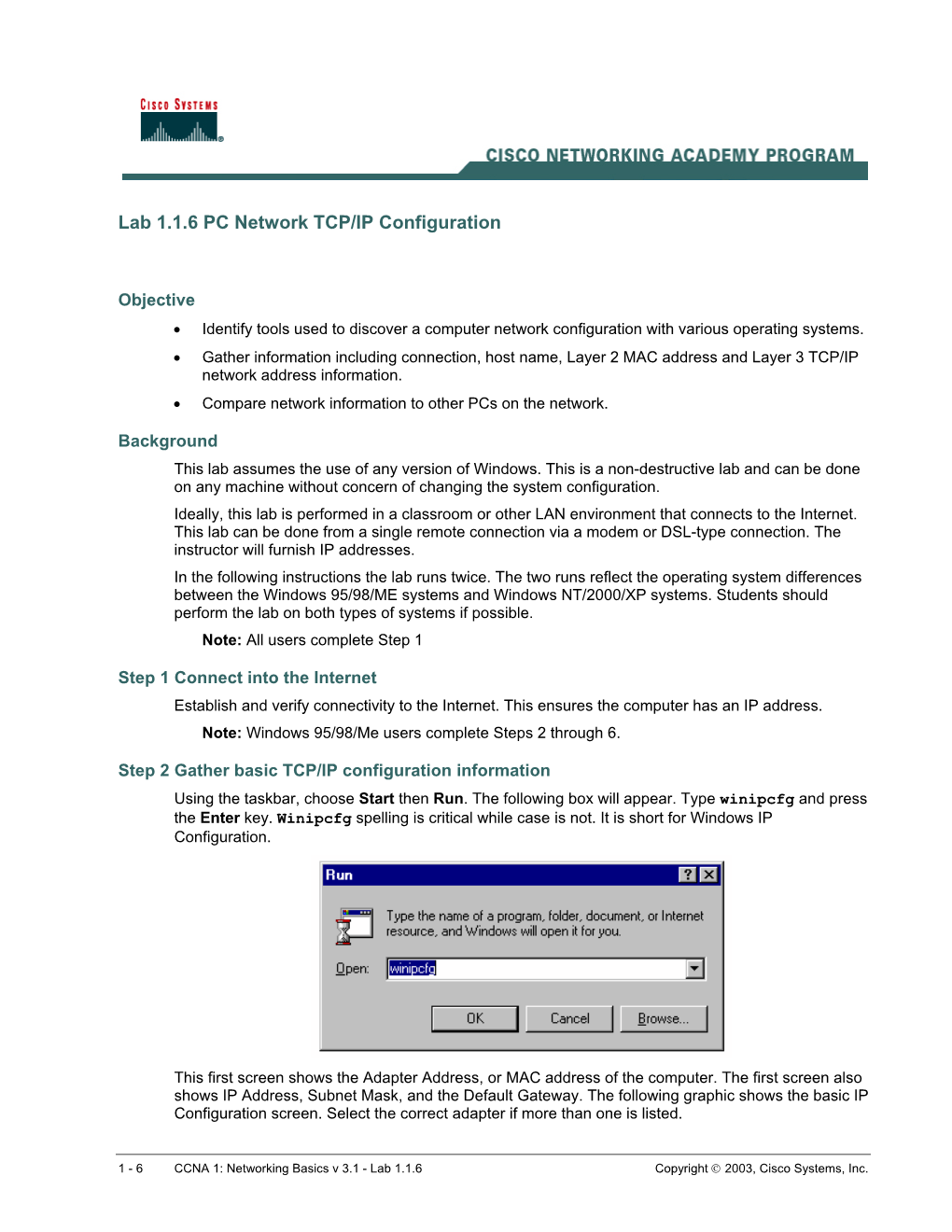 Lab 1.1.6 PC Network TCP/IP Configuration