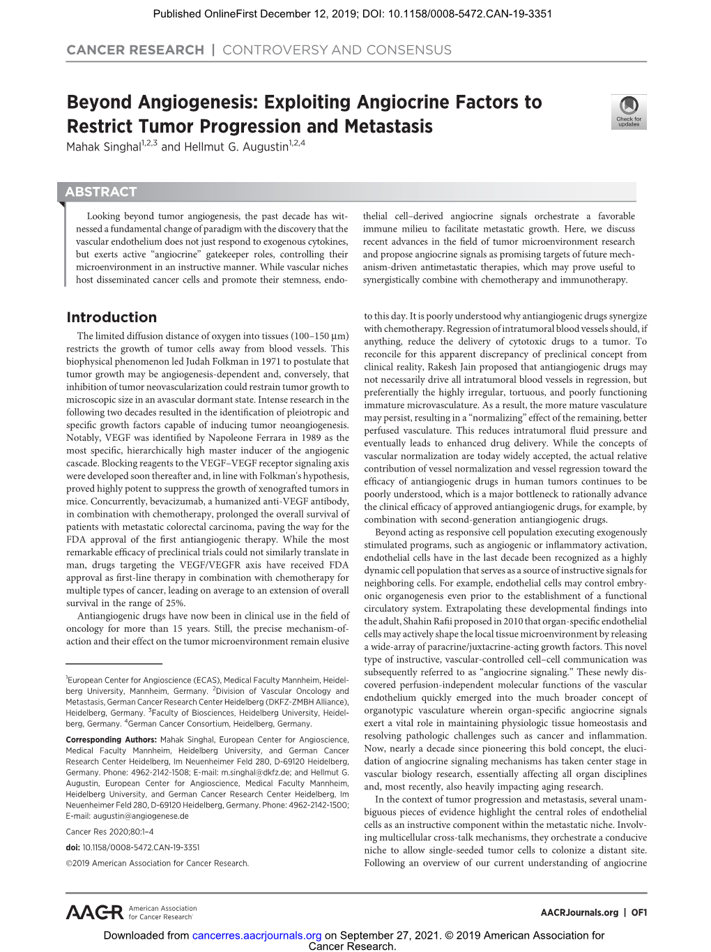 Exploiting Angiocrine Factors to Restrict Tumor Progression and Metastasis Mahak Singhal1,2,3 and Hellmut G