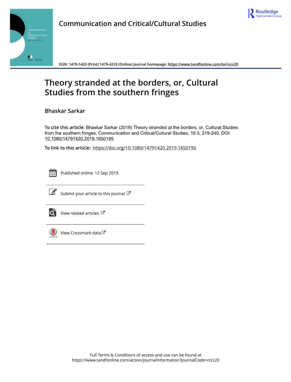 Theory Stranded at the Borders, Or, Cultural Studies from the Southern Fringes