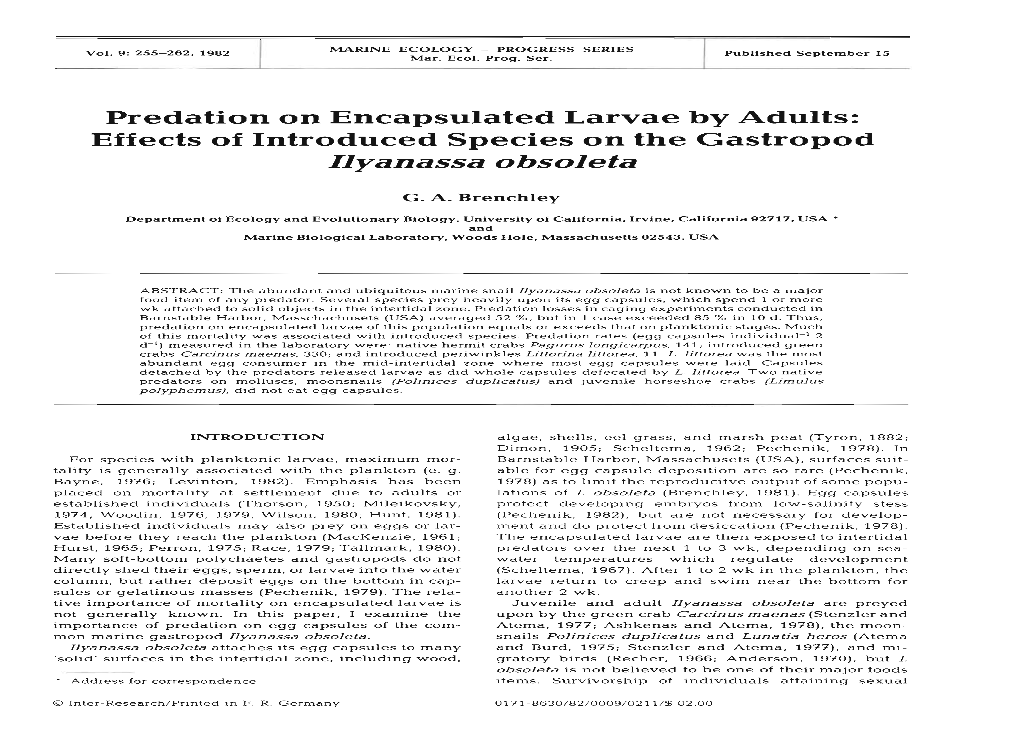 Predation on Encapsulated Larvae by Adults: Effects of Introduced Species on the Gastropod Ilyanassa Obsoleta