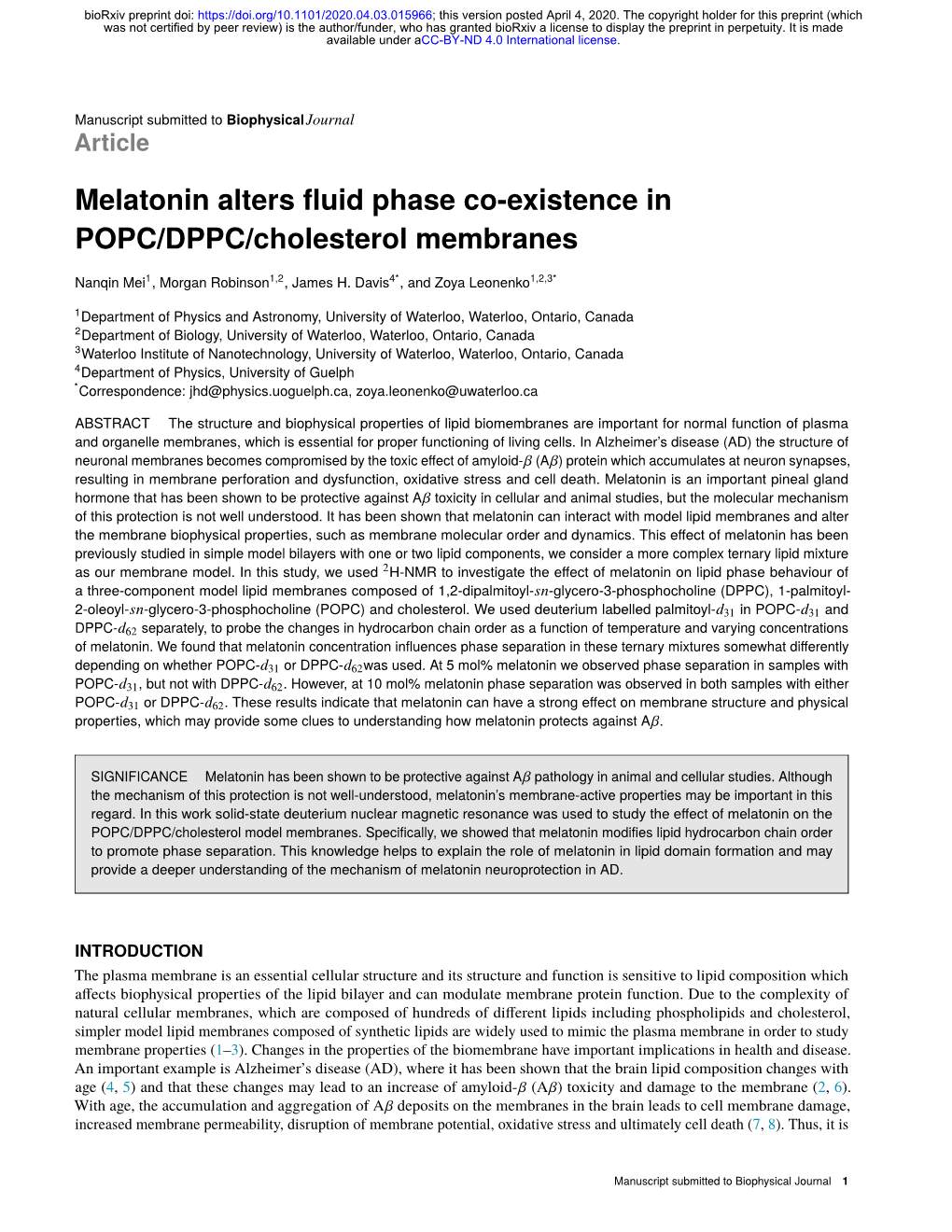 Melatonin Alters Fluid Phase Co-Existence in POPC/DPPC
