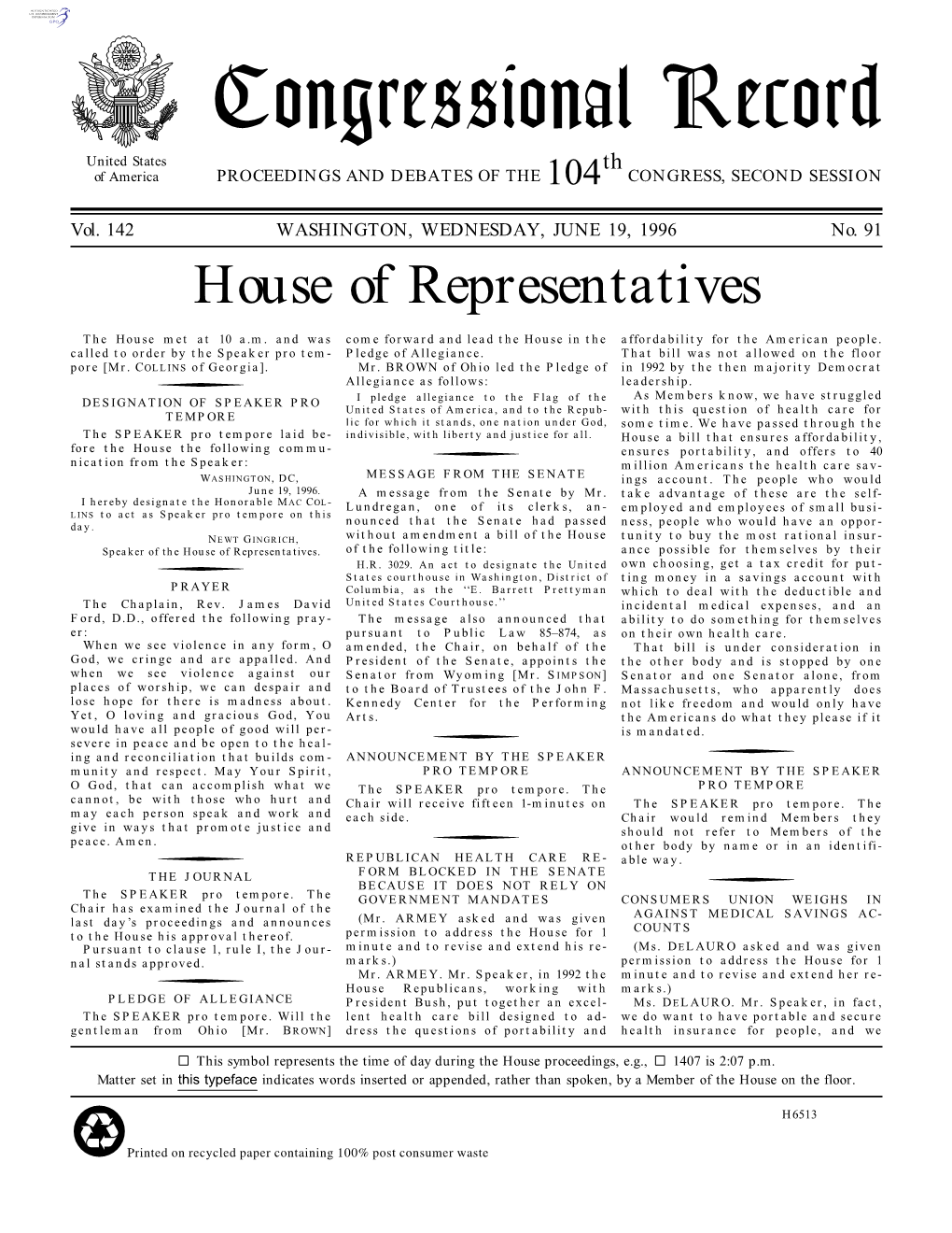 Congressional Record United States Th of America PROCEEDINGS and DEBATES of the 104 CONGRESS, SECOND SESSION