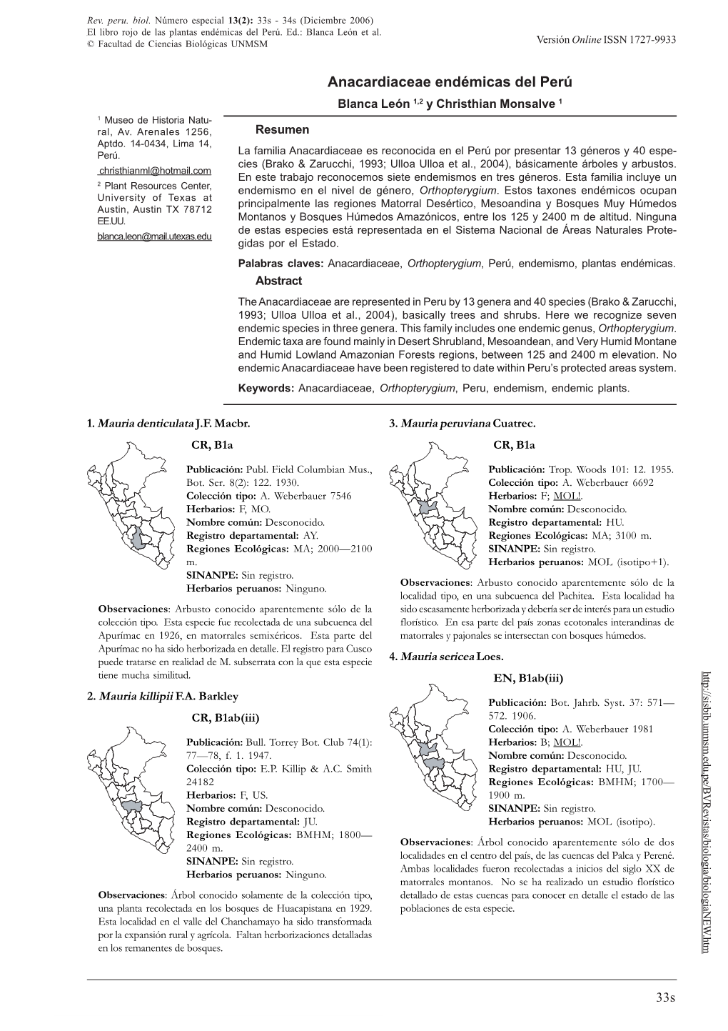 ANACARDIACEAE ENDÉMICAS DEL PERÚ © Facultad De Ciencias Biológicas UNMSM Versión Online ISSN 1727-9933