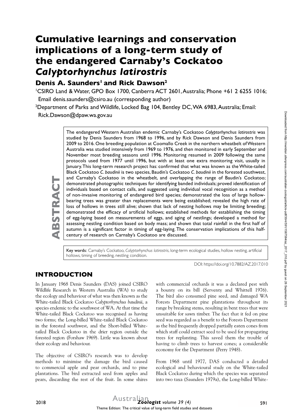 Cumulative Learnings and Conservation Implications of a Long-Term Study of the Endangered Carnaby’S Cockatoo Calyptorhynchus Latirostris Denis A