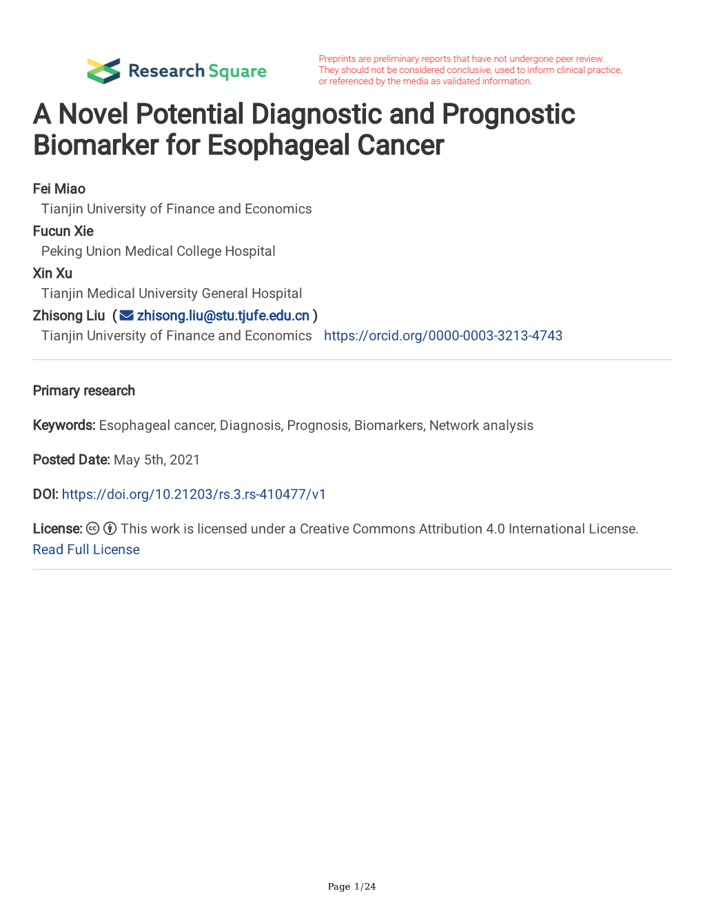 A Novel Potential Diagnostic and Prognostic Biomarker for Esophageal Cancer