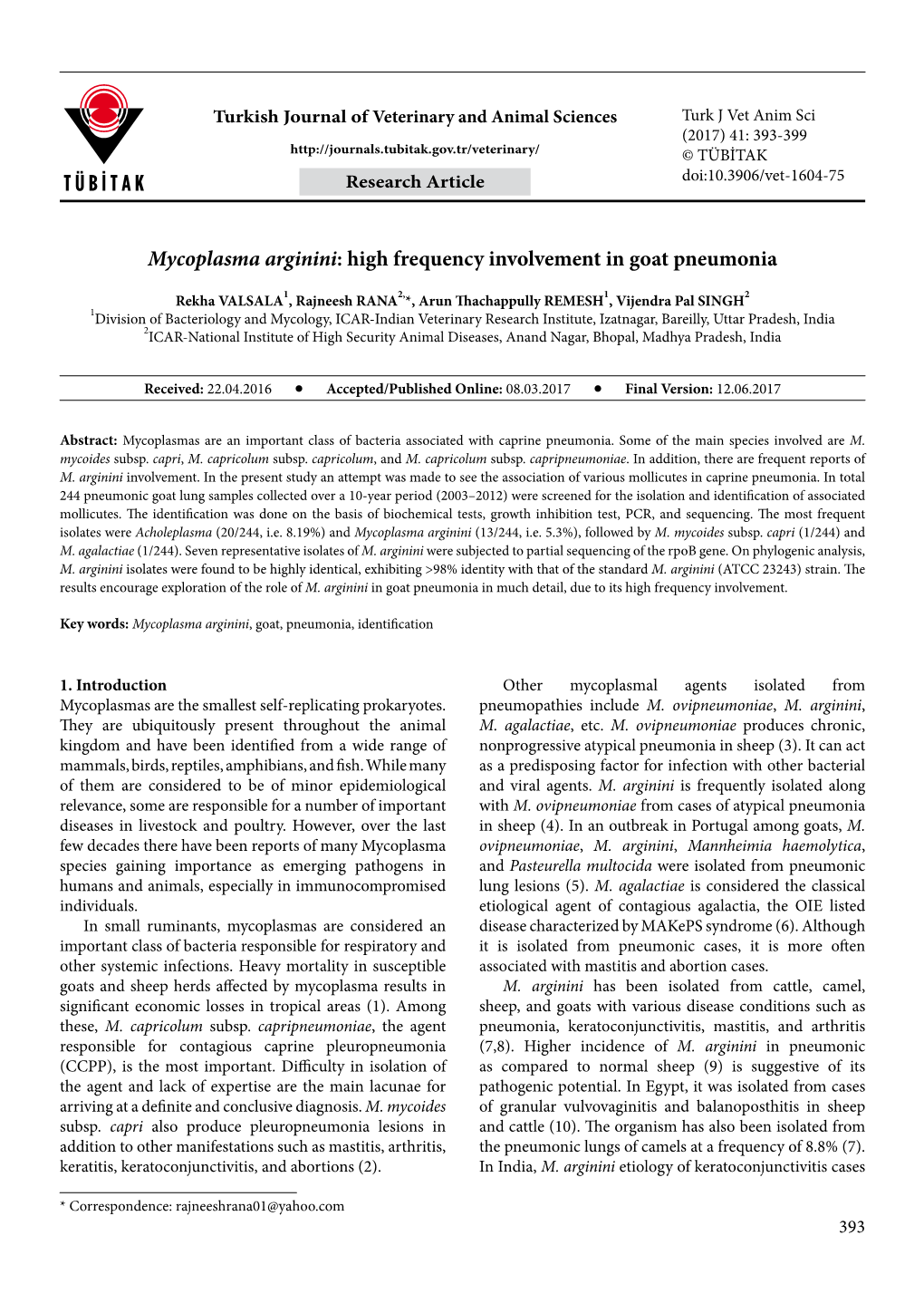Mycoplasma Arginini: High Frequency Involvement in Goat Pneumonia