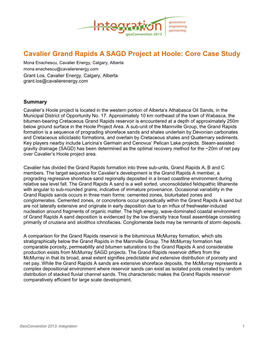 Cavalier Grand Rapids a SAGD Project at Hoole