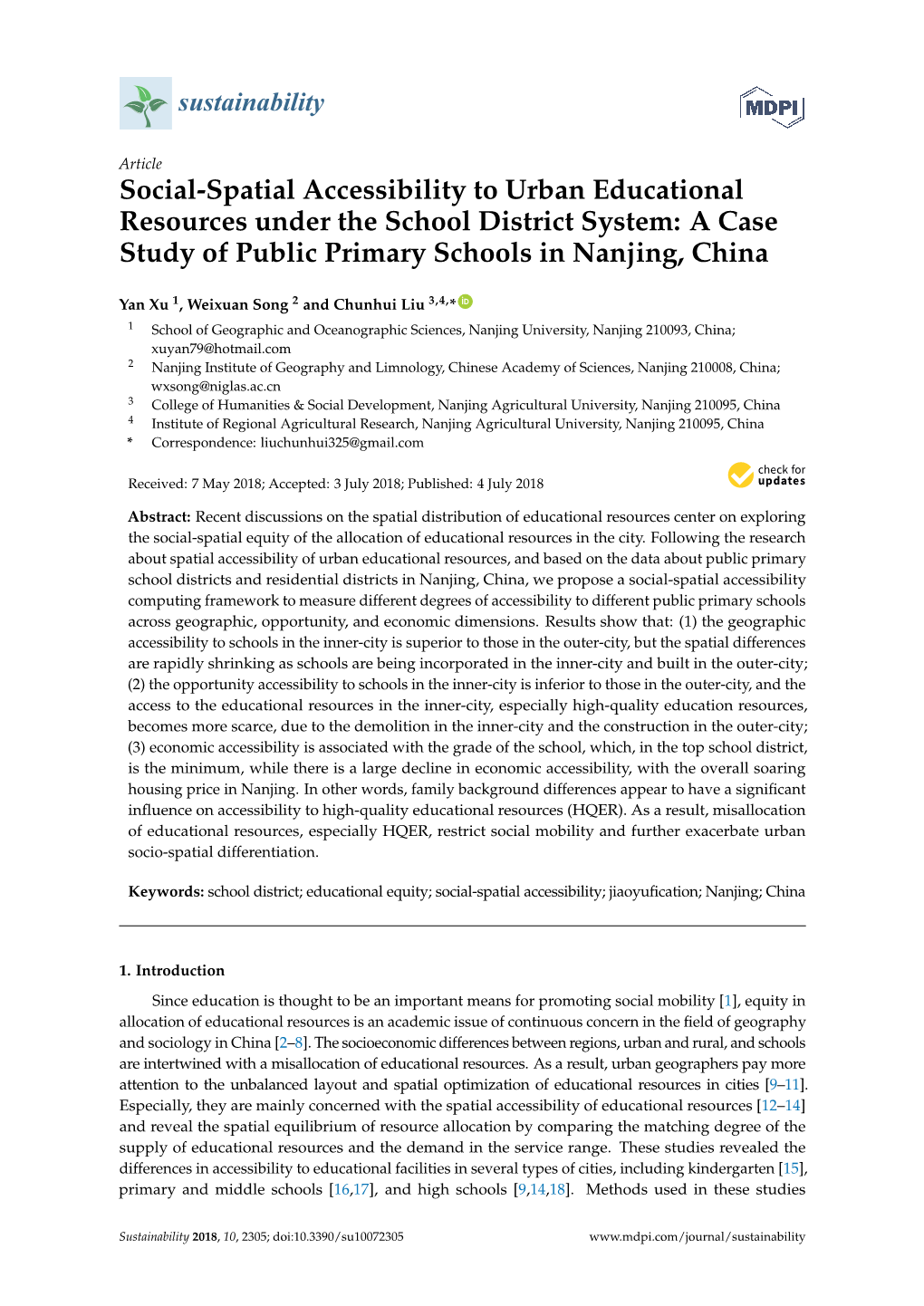 Social-Spatial Accessibility to Urban Educational Resources Under the School District System: a Case Study of Public Primary Schools in Nanjing, China