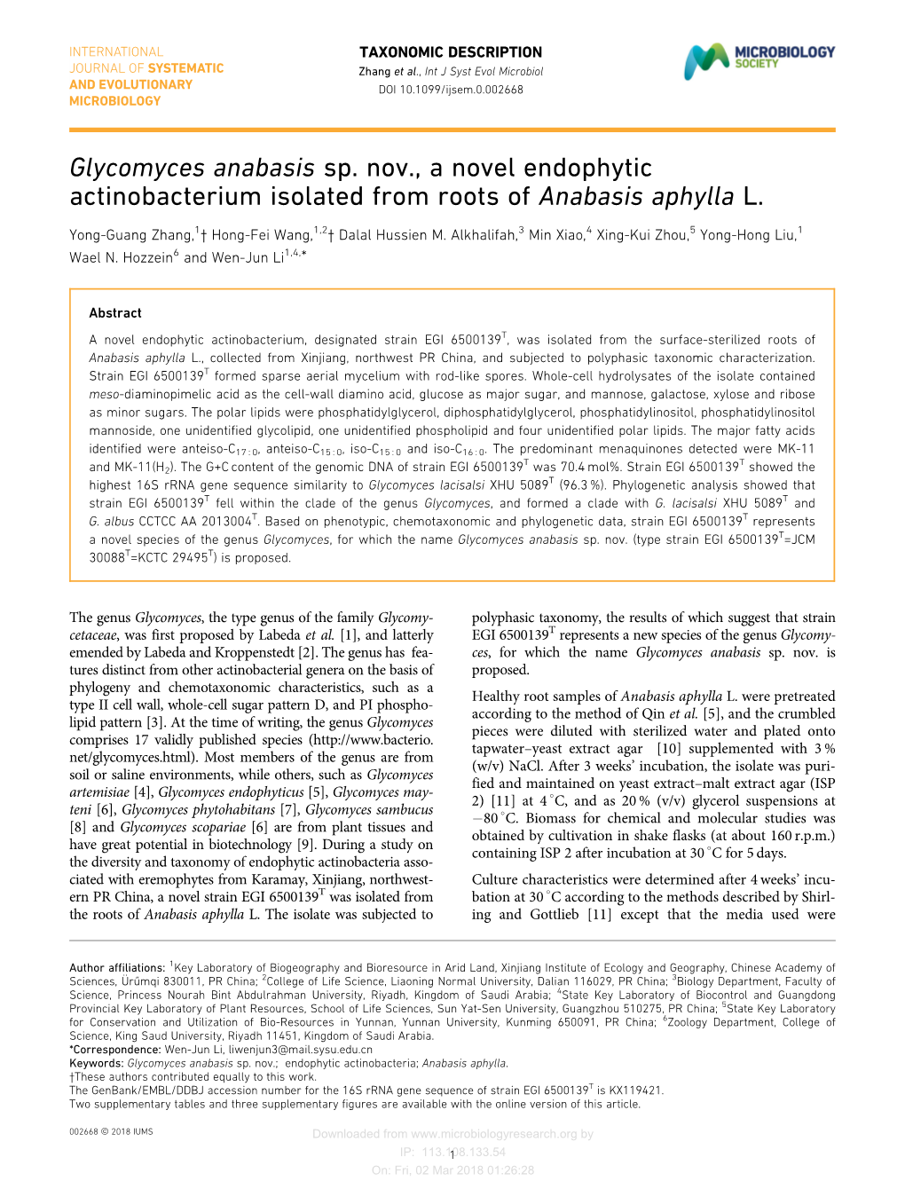 Glycomyces Anabasis Sp. Nov., a Novel Endophytic Actinobacterium Isolated from Roots of Anabasis Aphylla L