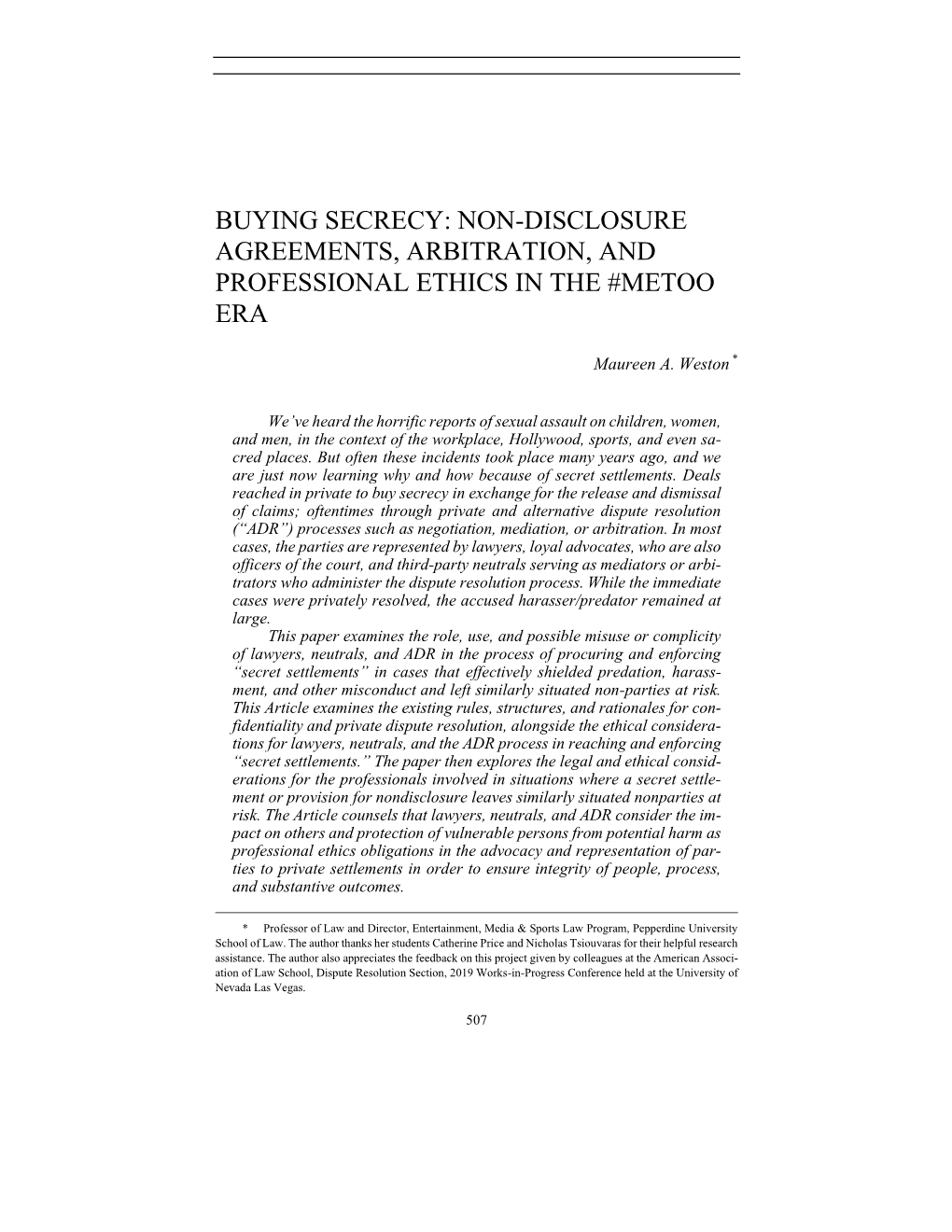 Buying Secrecy: Non-Disclosure Agreements, Arbitration, and Professional Ethics in the #Metoo Era