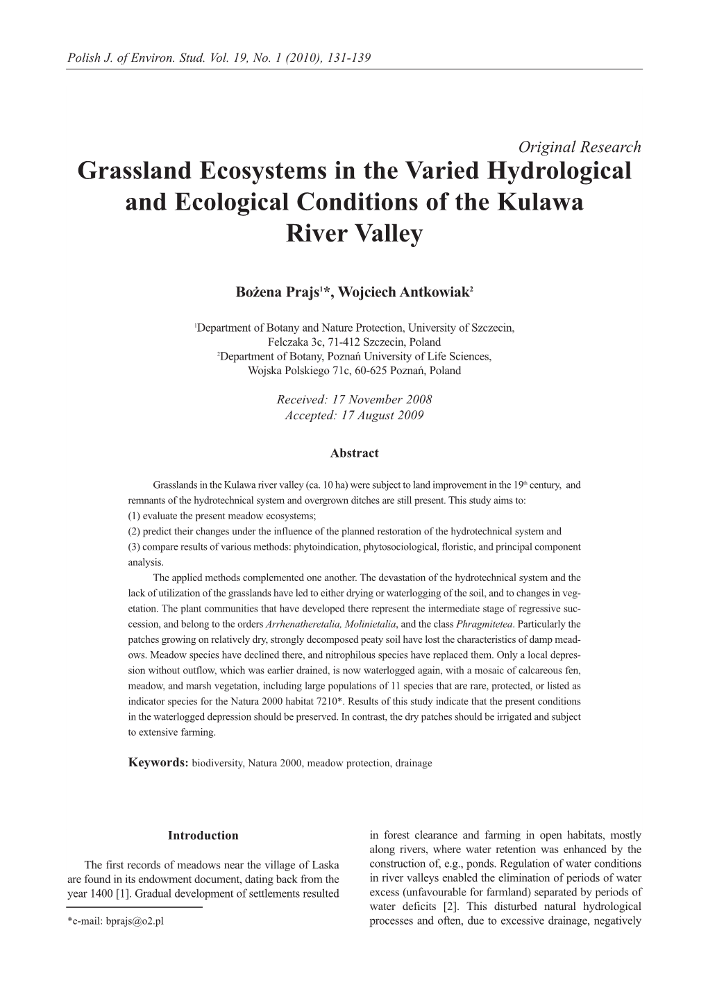 Grassland Ecosystems in the Varied Hydrological and Ecological Conditions of the Kulawa River Valley