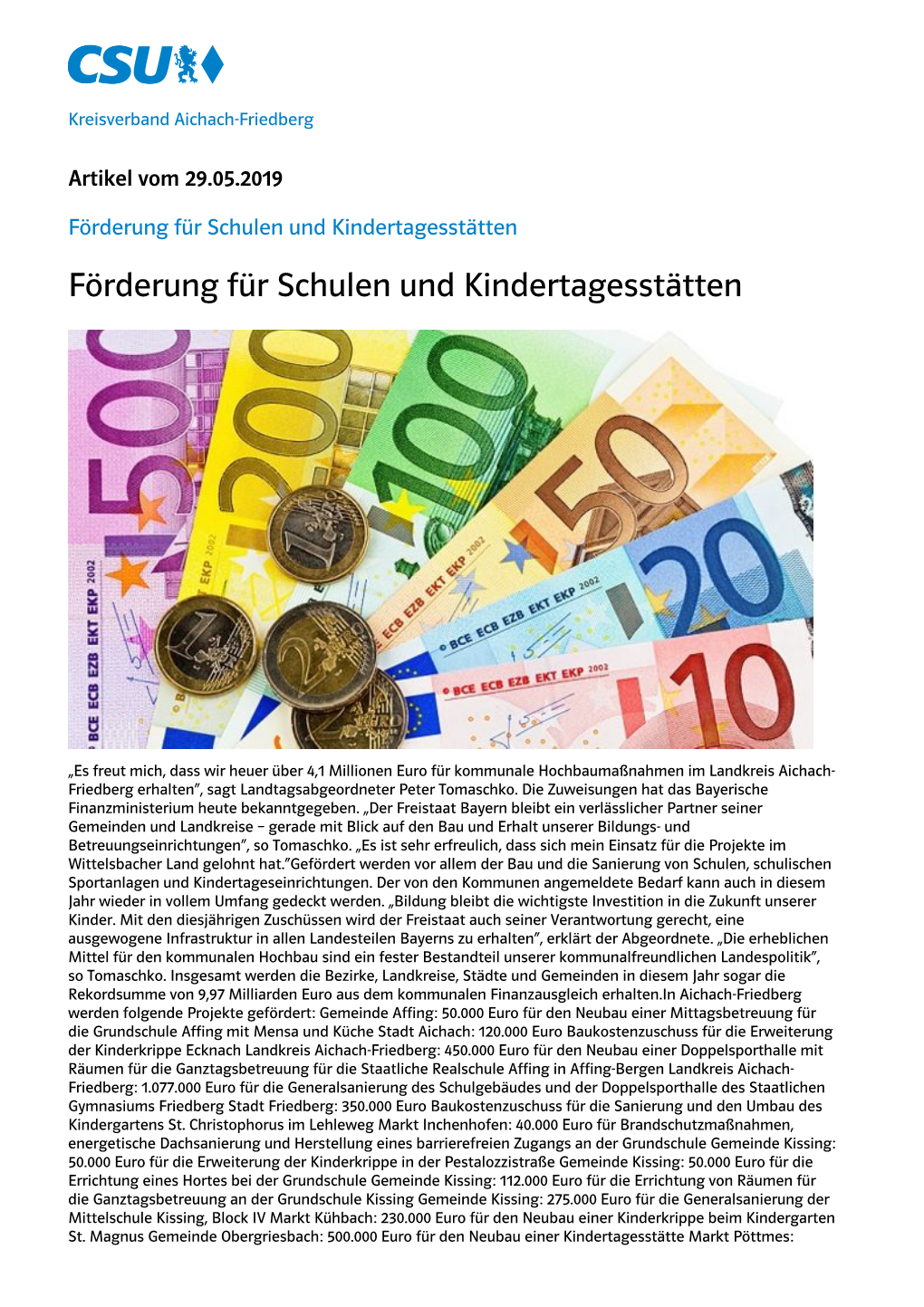 Gut 4,1 Millionen Euro Förderung Für Schulen Und Kindertageseinrichtungen Im Landkreis Aichach-Friedberg