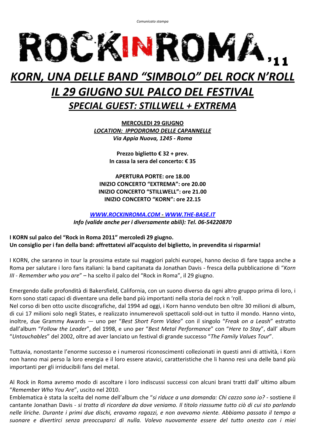 11 Korn, Una Delle Band “Simbolo” Del Rock N’Roll Il 29 Giugno Sul Palco Del Festival Special Guest: Stillwell + Extrema