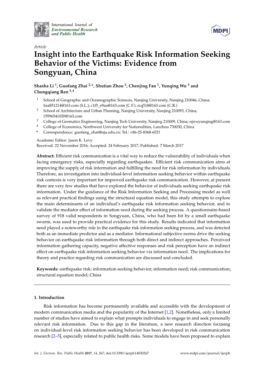 Insight Into the Earthquake Risk Information Seeking Behavior of the Victims: Evidence from Songyuan, China