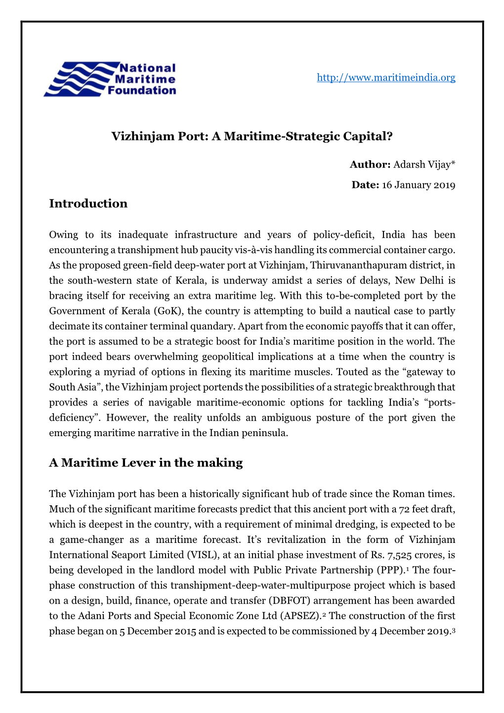 Vizhinjam Port: a Maritime-Strategic Capital?