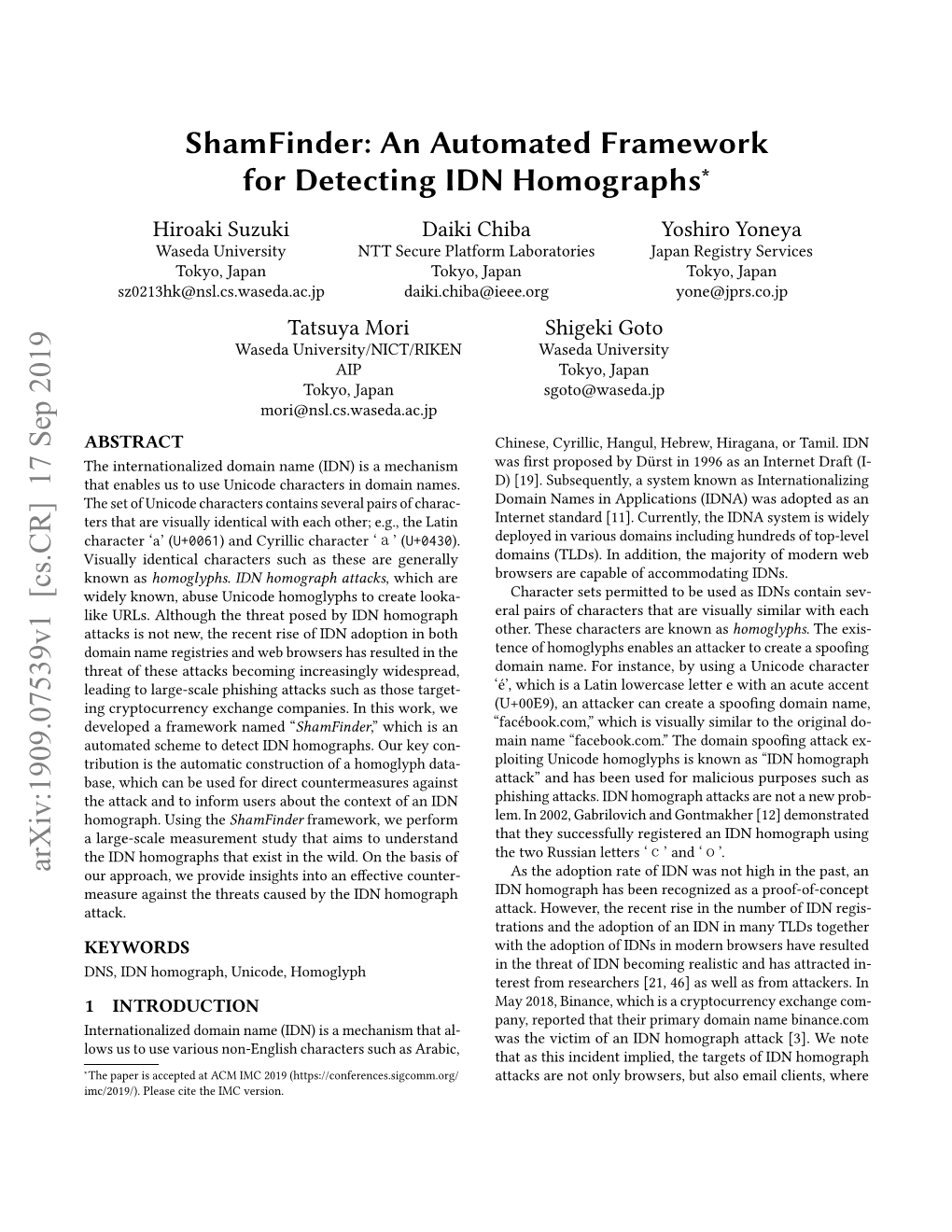 An Automated Frameworkfor Detecting IDN Homographs