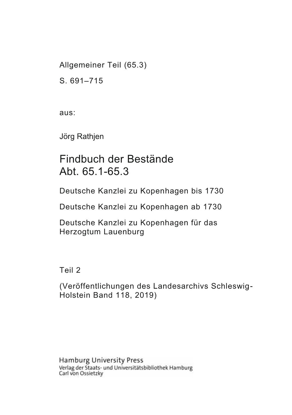 Findbuch Des Bestandes Abt. 65.1-65.3