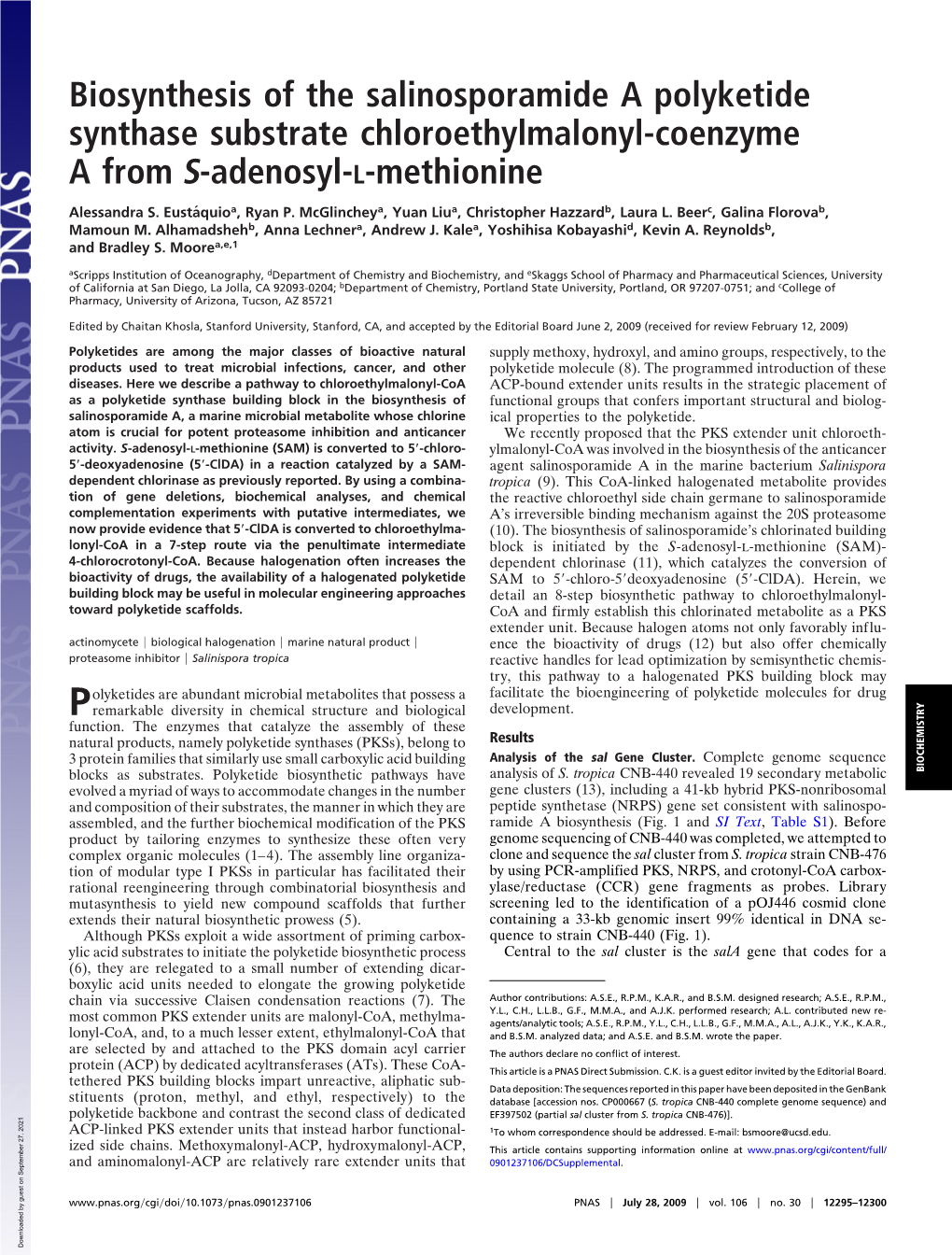 Biosynthesis of the Salinosporamide a Polyketide Synthase Substrate Chloroethylmalonyl-Coenzyme a from S-Adenosyl-L-Methionine