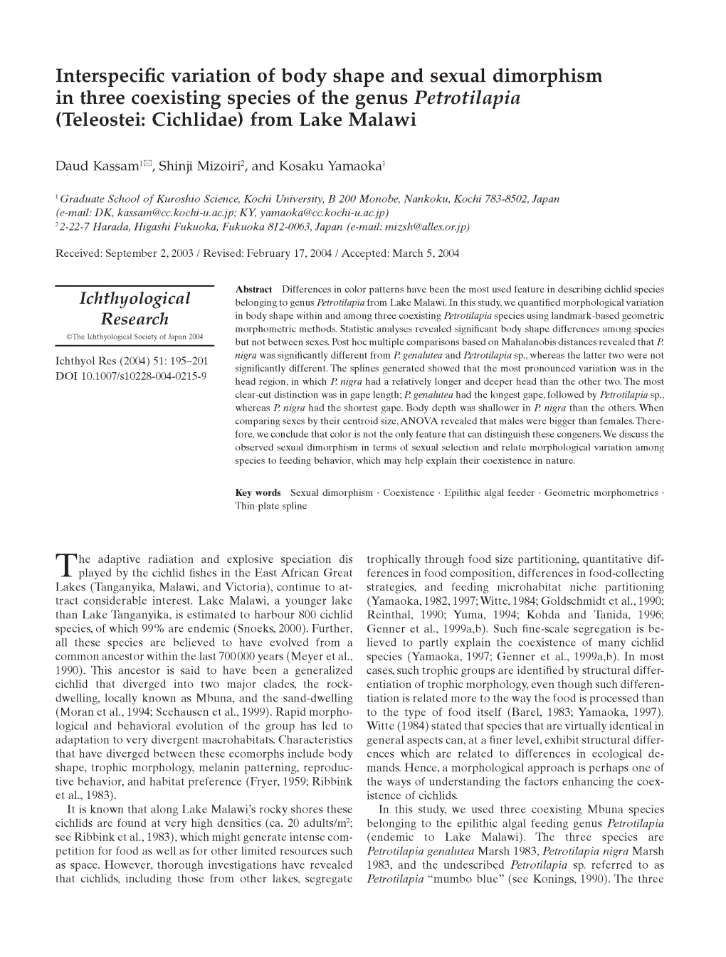 Interspecific Variation of Body Shape and Sexual Dimorphism in Three Coexisting Species of the Genus Petrotilapia (Teleostei: Cichlidae) from Lake Malawi