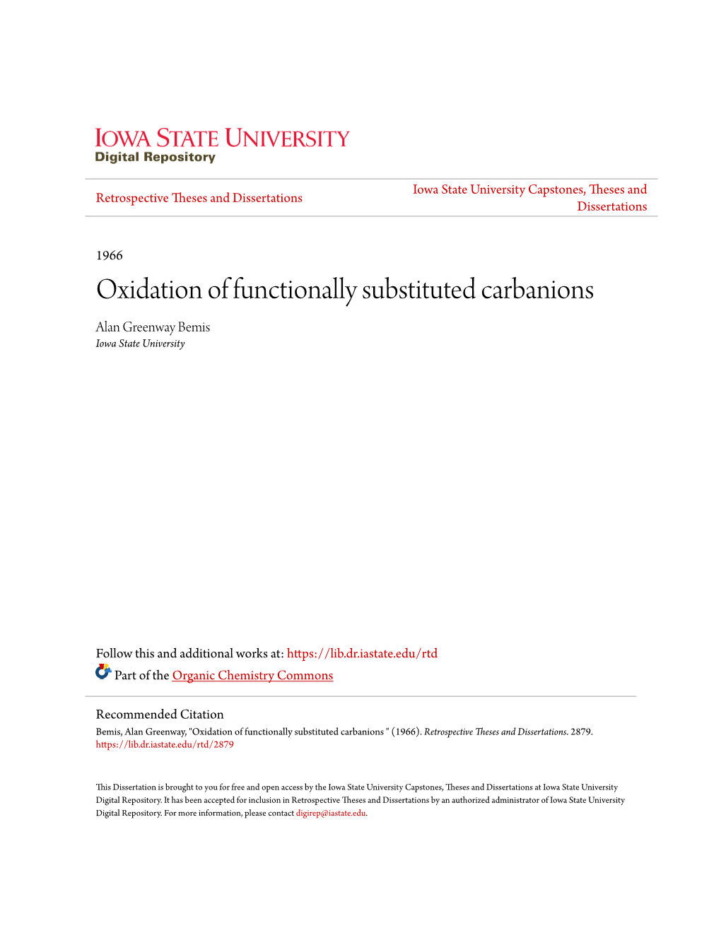 Oxidation of Functionally Substituted Carbanions Alan Greenway Bemis Iowa State University
